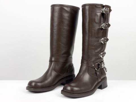 Жіночі  шкіряні жіночі чоботи з пряжками шоколадного кольору Gino Figini