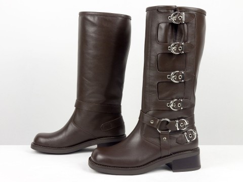 Жіночі  шкіряні жіночі чоботи з пряжками шоколадного кольору Gino Figini