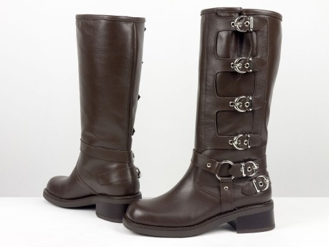 Жіночі  шкіряні жіночі чоботи з пряжками шоколадного кольору Gino Figini