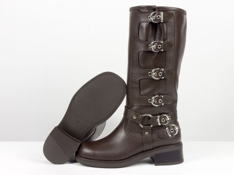 Жіночі  шкіряні жіночі чоботи з пряжками шоколадного кольору Gino Figini