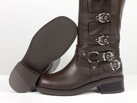 Жіночі  шкіряні жіночі чоботи з пряжками шоколадного кольору Gino Figini