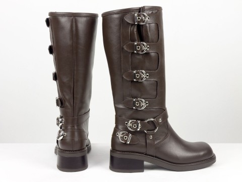 Жіночі  шкіряні жіночі чоботи з пряжками шоколадного кольору Gino Figini