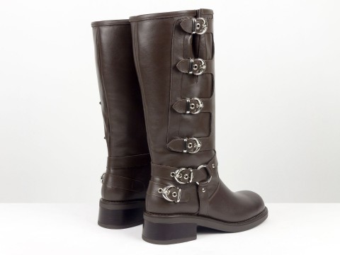 Жіночі  шкіряні жіночі чоботи з пряжками шоколадного кольору Gino Figini