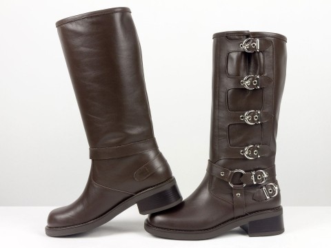 Жіночі  шкіряні жіночі чоботи з пряжками шоколадного кольору Gino Figini