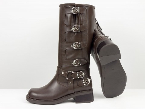 Жіночі  шкіряні жіночі чоботи з пряжками шоколадного кольору Gino Figini