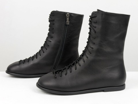 Женские черные кожаные ботинки со шнуровкой и молнией Gino Figini