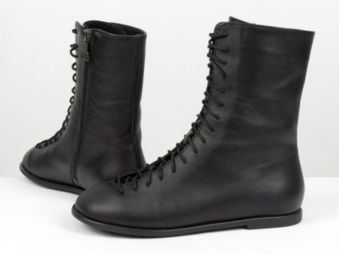 Женские черные кожаные ботинки со шнуровкой и молнией Gino Figini