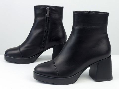 Жіночі черевики з натуральної чорної шкіри на середньому підборі з блискавкою, Б-2326-01