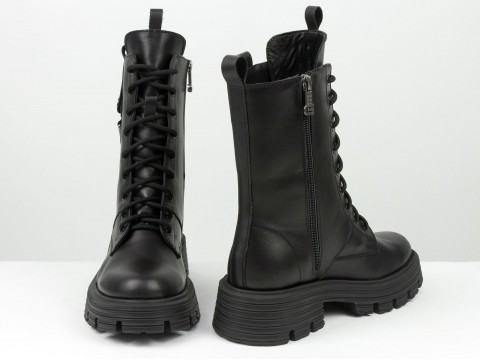 Жіночі чорні високі черевики з натуральної шкіри на шнурівці та з блискавою, Б-2328-01