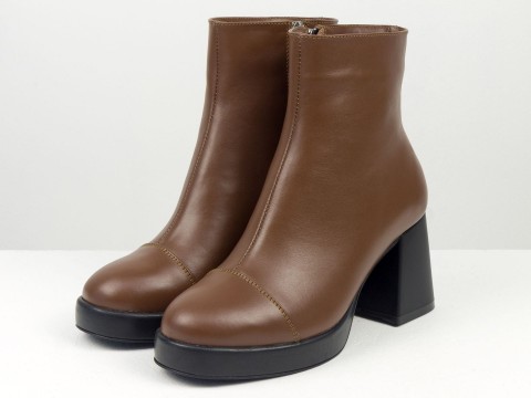 Жіночі черевики з натуральної коричнево-рудої шкіри на середньому підборі з блискавкою, Б-2326-02