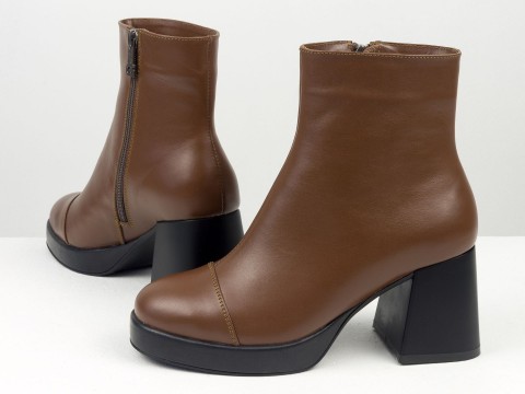 Жіночі черевики з натуральної коричнево-рудої шкіри на середньому підборі з блискавкою, Б-2326-02