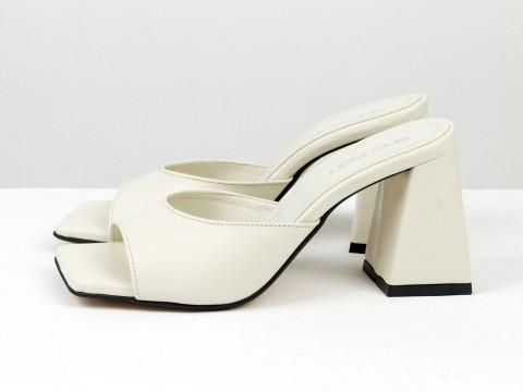 Дизайнерские шлепанцы молочного цвета на обтяжном каблуке из натуральной итальянской кожи, С-2217-10