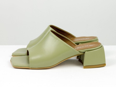 Дизайнерские оливковые шлёпанцы на небольшом каблуке из натуральной итальянской кожи, С-2127-09