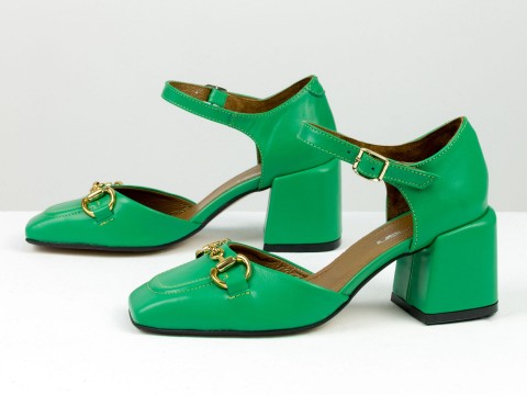 Дизайнерские босоножки на невысоком обтяжном  каблуке из натуральной итальянской кожи зеленого цвета "лайм" с золотой фурнитурой, С-2211/1-02