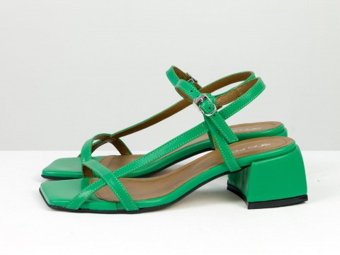 Дизайнерские зеленые босоножки на каблуке из натуральной итальянской кожи цвета, С-2141-16