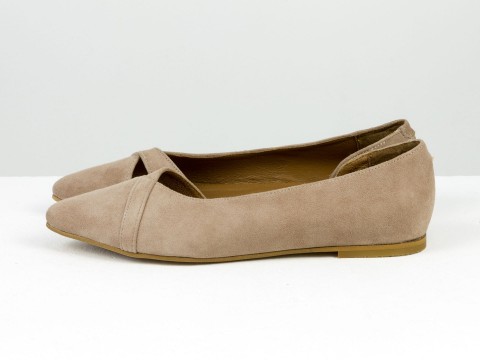 Жіночі туфлі на низькому ходу з натуральної замші бежевого кольору, С-2224-01
