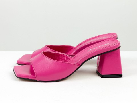 Дизайнерские шлепанцы малинового цвета "фуксия" на обтяжном  каблуке из натуральной итальянской кожи, С-2216-03