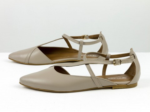 Жіночі бежеві туфлі на низькому ходу з натуральної шкіри з ремінцями та застібкою, С-2223-02