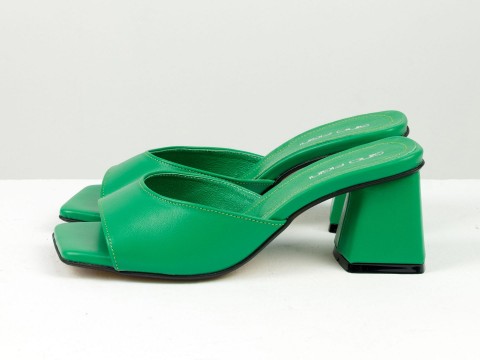 Дизайнерские шлепанцы зеленого цвета "лайм" на обтяжном  каблуке из натуральной итальянской кожи, С-2216-04