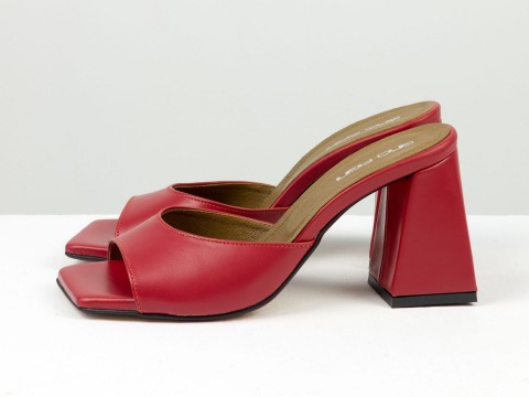 Дизайнерские красные шлепанцы на обтяжном каблуке из натуральной итальянской кожи, С-2217-09