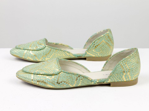 Туфлі човники з ексклюзивної натуральної шкіри пітон м'ятно-золотого кольору