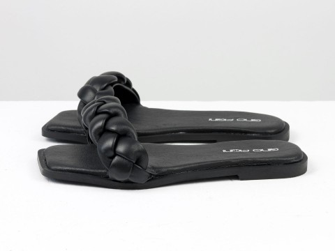 Жіночі чорні шльопанці "кіски" на низькому ходу з натуральної шкіри, С-2134-02