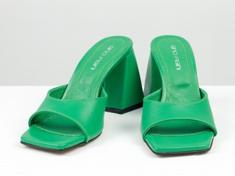 Дизайнерские шлепанцы зеленого цвета "лайм" на обтяжном  каблуке из натуральной итальянской кожи, С-2217-01