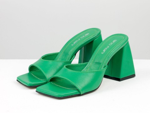 Дизайнерские шлепанцы зеленого цвета "лайм" на обтяжном  каблуке из натуральной итальянской кожи, С-2217-01