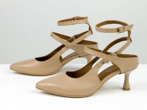 Дизайнерские туфли на невысоком каблуке "рюмочка" из натуральной итальянской кожи цвета капучино,  С-2215-01