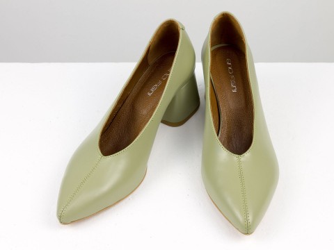Дизайнерські туфлі-рукавички на невисокій обтяжній підборі з натуральної італійської шкіри кольору авокадо,Т-2050-29