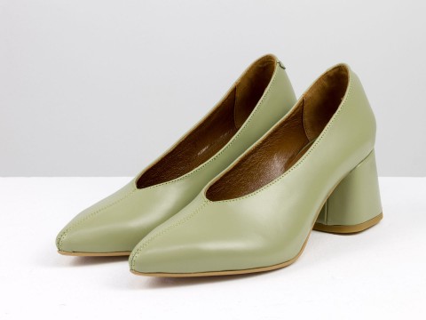 Дизайнерські туфлі-рукавички на невисокій обтяжній підборі з натуральної італійської шкіри кольору авокадо,Т-2050-29