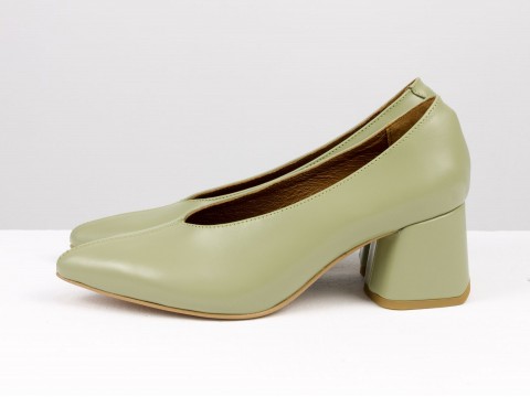 Дизайнерские туфли-перчатки на невысоком обтяжном каблуке из натуральной итальянской кожи цвета авокадо ,  Т-2050-29