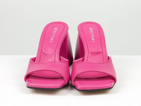 Дизайнерские шлепанцы малинового цвета "фуксия" на обтяжном  каблуке из натуральной итальянской кожи, С-2217-03