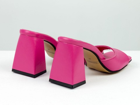 Дизайнерские шлепанцы малинового цвета "фуксия" на обтяжном  каблуке из натуральной итальянской кожи, С-2217-03