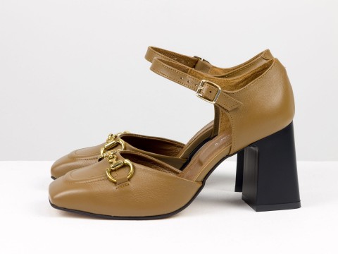 Дизайнерские босоножки на необтяжном каблуке из натуральной итальянской кожи карамельного цвета с золотой фурнитурой, С-2211-04